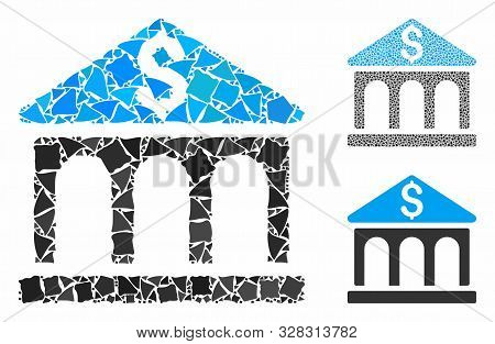 Bank Building Composition Of Humpy Pieces In Variable Sizes And Shades, Based On Bank Building Icon.
