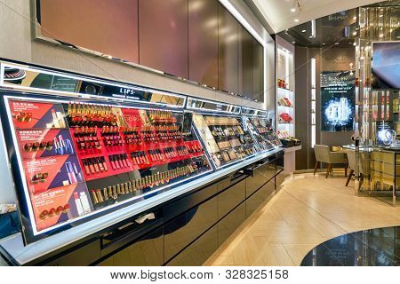 SHENZHEN, CHINA - CIRCA APRIL, 2019: cosmetics products on display at Estee Lauder store in Coastal City shopping mall.
