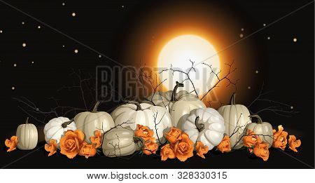 Halloween Background With White Pumpkins And Orange Roses Vector Illustration. Romantic And Elegant 