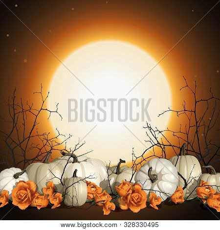 Halloween Background With White Pumpkins And Orange Roses Vector Illustration. Romantic And Elegant 