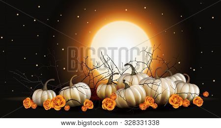 Halloween Background With White Pumpkins And Orange Roses Vector Illustration. Romantic And Elegant 