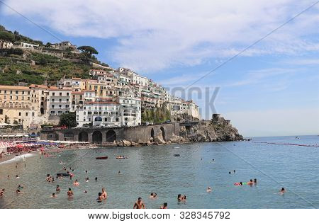 Amalfi Town, Italy - 8/8/2019 -beautiful Beach And Scenic Views Of The Amalfi Coast In Italy