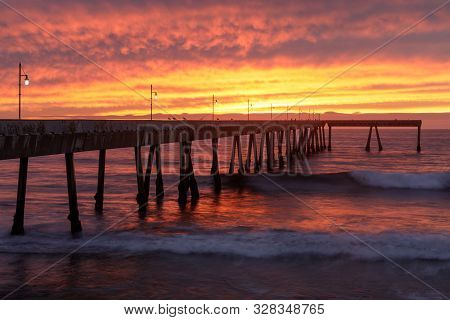 Fiery Sunset Over Pacifica Municipal Pier. Pacifica, San Mateo County, California, Usa.