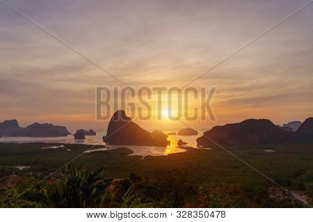 Samet Nangshe Viewpoint At Sunset With Andaman Sea In Phang Nga Bay, Tourist Attraction In Summer Se