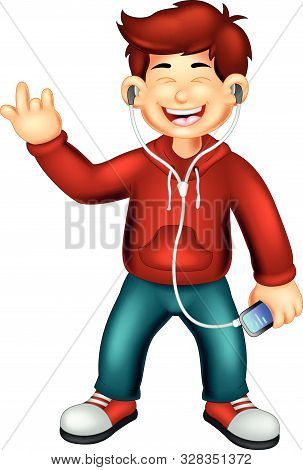 Cool Boy In Red Sweater Using Earphone Cartoon For Your Design