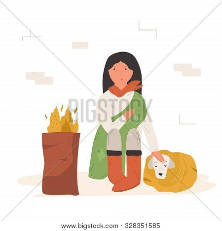 Homeless Girl Sitting On A Street With Her Dog.