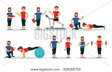 Man And Woman Characters In Gym With Personal Trainer Vector Illustrations
