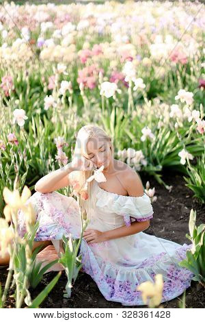 Young Woman Sitting Near Irises On Garden.