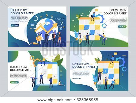 Startup Management Illustration Set. Team Sticking Notes On Planning Board, Analyzing Financial Grow