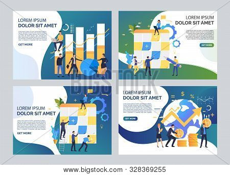 Teamwork Illustration Set. Team Sticking Notes On Planning Board, Analyzing Graphs. Business Concept