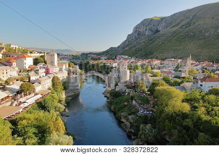 The City Of Mostar Viewed From Koski Mehmed Pasha Mosque, With The Old Bridge (stari Most), The Nere