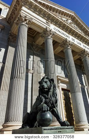 Madrid, Spain - January 22, 2018: Building Of Congress Of Deputies (congreso De Los Diputados) In Ci