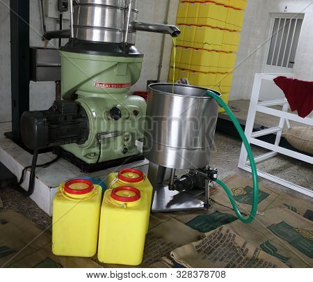Cyprus, Kyrenia - October, 2019: The Process Of Producing Olive Oil In A Modern Oil Mill In Northern