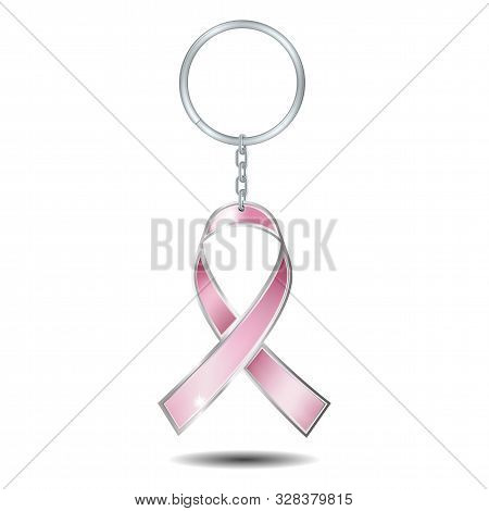 Realistic Silver Keychains With Shape Of Breast Cancer Awareness Pink Ribbon