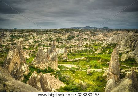Sunrise Panoramic View To Goreme City And Pigeon Valley Cappadocia, Turkey