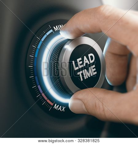Man Turning A Knob To Reduce Manufacturing Lead Time. Composite Image Between A Hand Photography And
