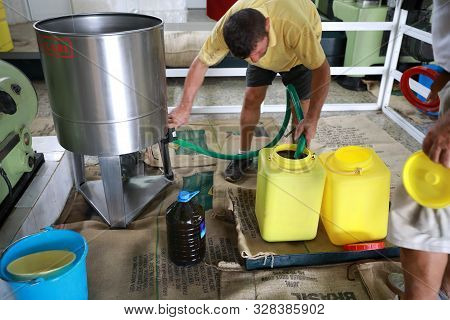 Cyprus, Kyrenia - October, 2019: The Process Of Producing Olive Oil In A Modern Oil Mill In Northern