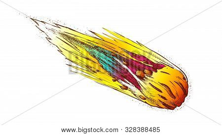 Danger Space Burning Asteroid Color Vector. Flying Asteroid Celestial Body Of Solar System. Cosmic C