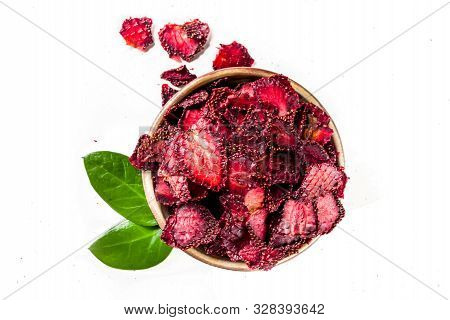 Heap Of Sun Dried Sweet Strawberries Isolated On White Background. Top View