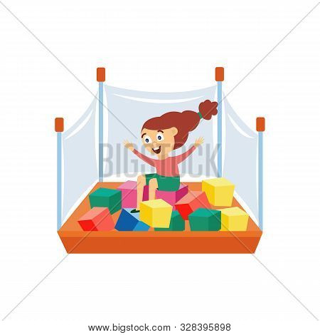 Happy Girl Plays In Playpen With Cubes Flat Cartoon Vector Illustration Isolated.