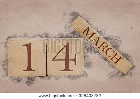 March 14th. Day 14 Of Month, Calendar In Handmade Sketch Style. Pastel Tone. Spring Month, Day Of Th