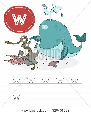 Learning To Write A Letter - W. A Practical Sheet From A Set Of Exercises Game For Kids. Cartoon Fun