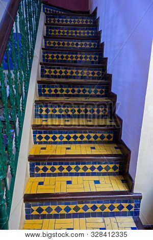 Traditional Moroccan stairs decorated with tiles in Assilah, Morocco