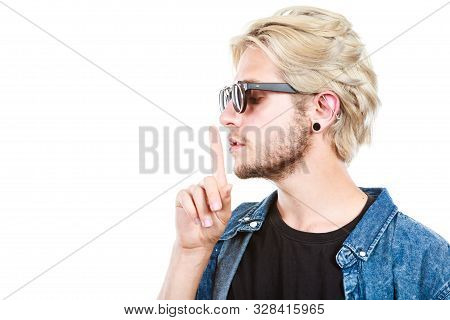 Men Fashion, Accessories, Hairstyle, Modeling Concept. Artistic Hipster Blonde Man Wearing Sunglasse