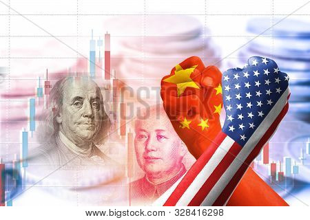Usa And China Flag Print Screen On Arm Wrestle Hand With Coins And Stock Market Chart .it Is Symbol 