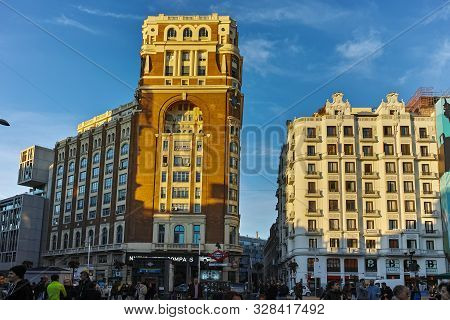 Madrid, Spain - January 22, 2018: Sunset View Of Callao Square (plaza Del Callao) In City Of Madrid,