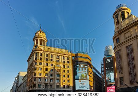 Madrid, Spain - January 22, 2018: Sunset View Of Callao Square (plaza Del Callao) In City Of Madrid,