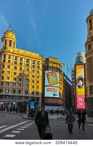 Madrid, Spain - January 22, 2018: Sunset View Of Callao Square (plaza Del Callao) In City Of Madrid,