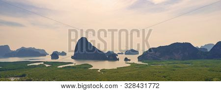 Samet Nangshe Viewpoint At Sunset With Andaman Sea In Phang Nga Bay, Tourist Attraction In Summer Se