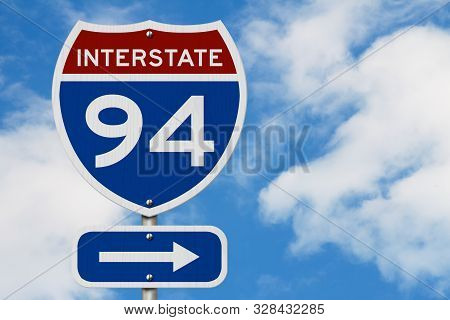 I-94 Interstate Usa Red And Blue Highway Road Sign With Sky Background 3d Illustration