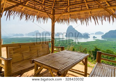 Wooden Table And Chairs In Thai Pavilion At Samet Nangshe Viewpoint With Sea In Phang Nga Bay, Touri