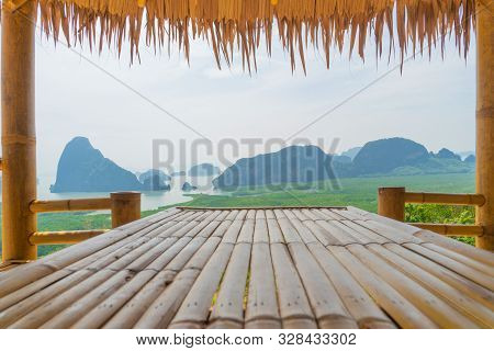 Wooden Table And Chairs In Thai Pavilion At Samet Nangshe Viewpoint With Sea In Phang Nga Bay, Touri