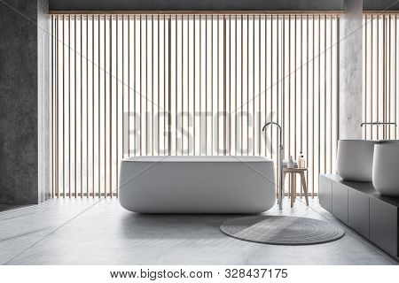 Interior Of Stylish Bathroom With White Walls, Concrete Floor, Double Sink With Vertical Mirrors, Co