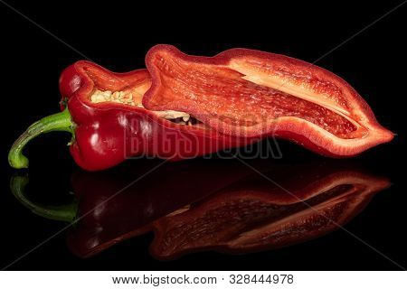 Group Of Two Halves Of Sweet Red Bell Pepper Isolated On Black Glass