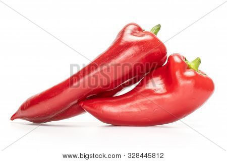 Group Of Two Whole Bright Sweet Red Bell Pepper Isolated On White Background
