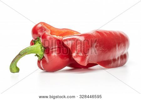 Group Of One Whole One Half Of Sweet Red Bell Pepper Isolated On White Background