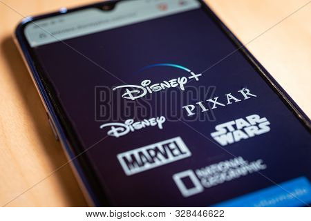 Barcelona, Spain. October 2019: Close Up View Of Disney Plus On Smartphone Screen.