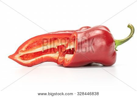 Group Of Two Halves Of Fleshy Sweet Red Bell Pepper Isolated On White Background