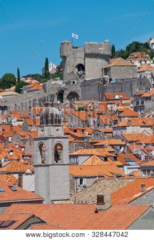 Croatia: Walls Of Dubrovnik With Sight On Minceta Tower From The Seaside Wall. It Is The Most Promin