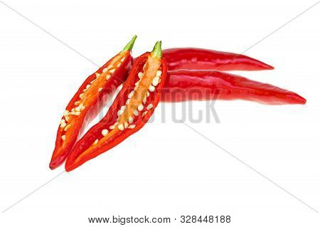 Close Up Red Hot Chili Spur Pepper At White Background