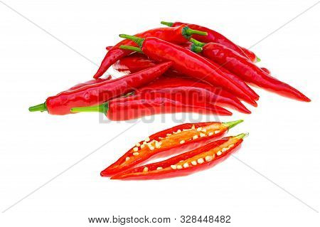 Close Up Red Hot Chili Spur Pepper At White Background
