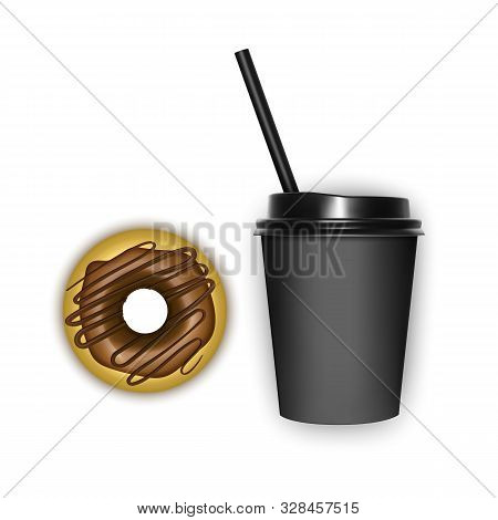 Realistic Coffee And Donut, Vector Template Coffee-cup With Chocolete Donut. On White Background Vec