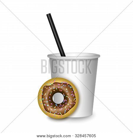 Realistic Coffee And Donut, Vector Template Coffee-cup With Chocolete Donut. On White Background Vec