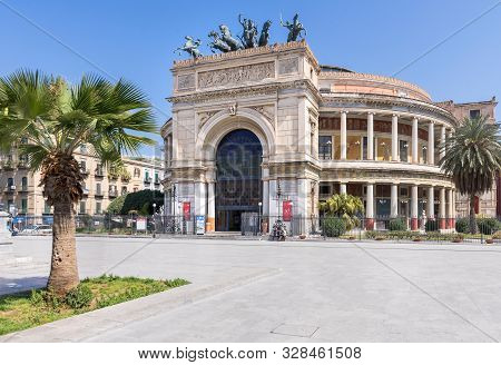 Palermo, Sicily - Marc 23, 2019: Teatro Politeama Palermo, Politeama Theatre Front View From The Sid