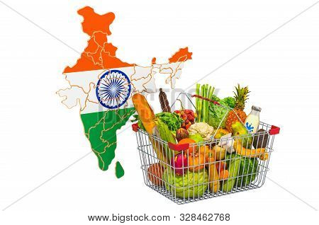 Purchasing Power And Market Basket In India Concept. Shopping Basket With Indian Map, 3d Rendering I