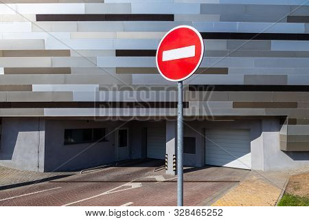 Halt Road Sign Before Underground Parking Space For Vehicles With Automatic Service System. Photo Wi